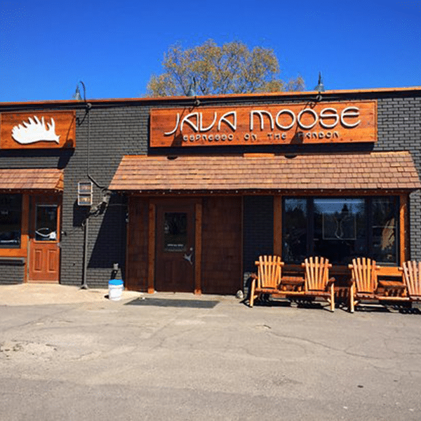 java moose coffee shop store front and chairs
